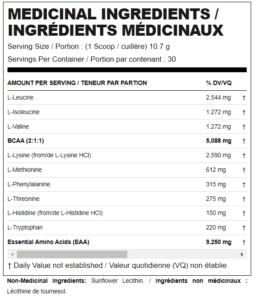 EAA ESSENTIAL AMINO ACIDS MUSCLE BUILDER nutrition fact image